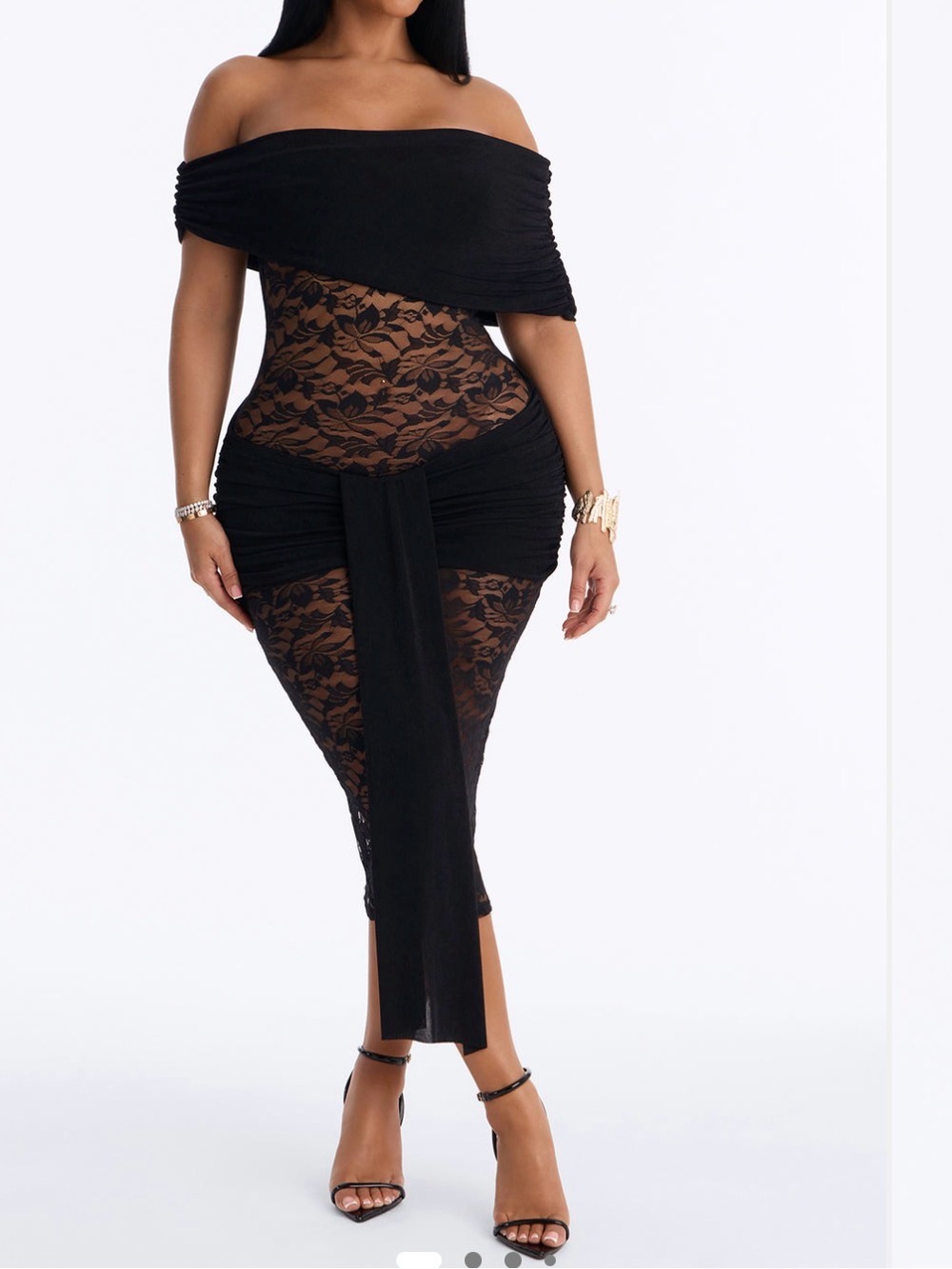 Fashion Nova Black Lace Off-Shoulder Sheer Midi Dress